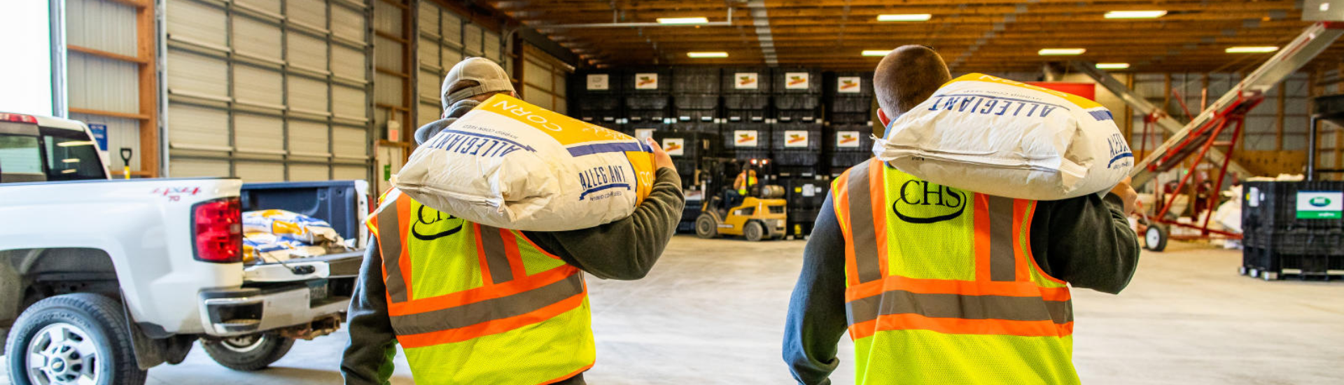 Two men carrying Allegiant seed bags